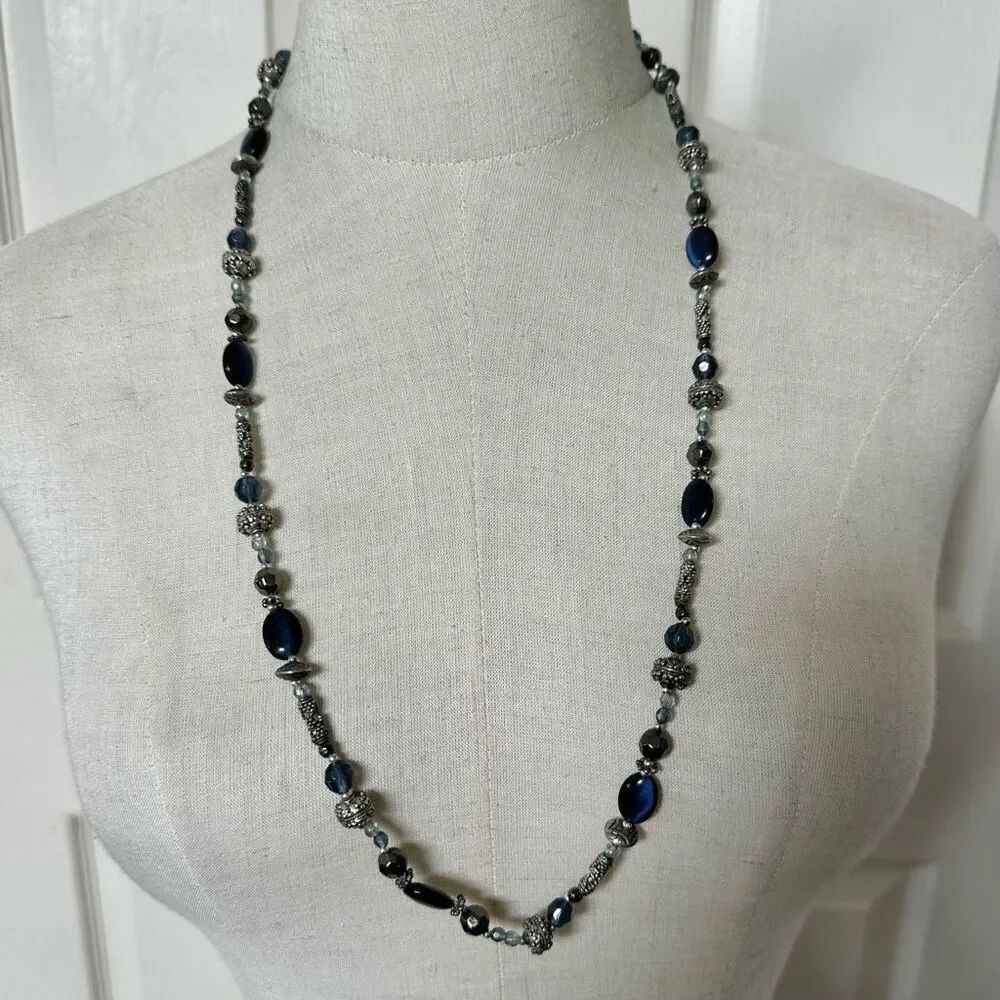 Cookie Lee blue and silver tone beaded long necklace